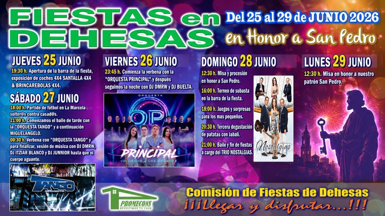 Cartel de las fiestas en Dehesas en honor a San Pedro con actividades y música.