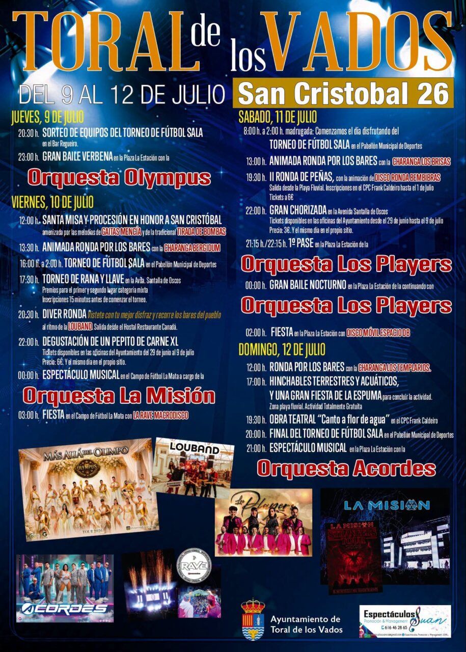 Cartel de las fiestas de San Cristóbal en Toral de los Vados con actividades y orquestas.