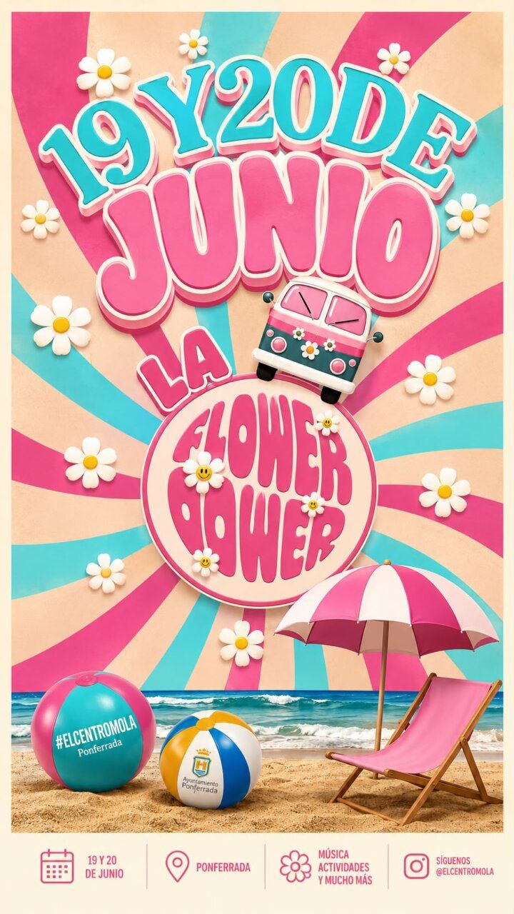 Cartel promocional del evento Flower Power en Ponferrada con colores vibrantes.