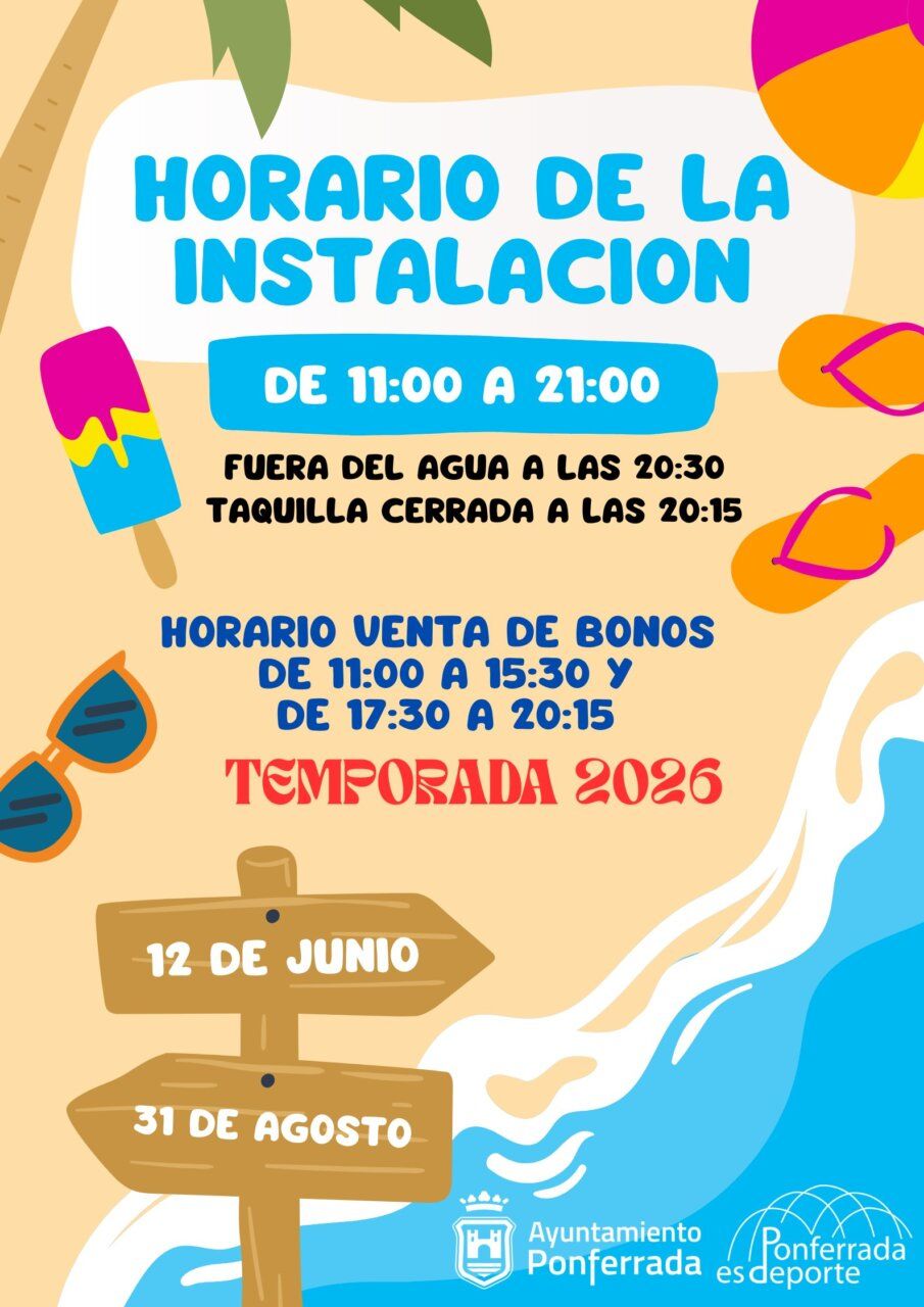 Cartel informativo sobre el horario de las piscinas municipales de Ponferrada