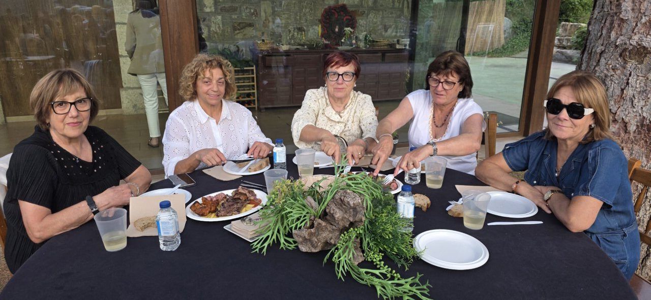 Grupo de personas disfrutando de una comida en la terraza de verano del Mesón Real.