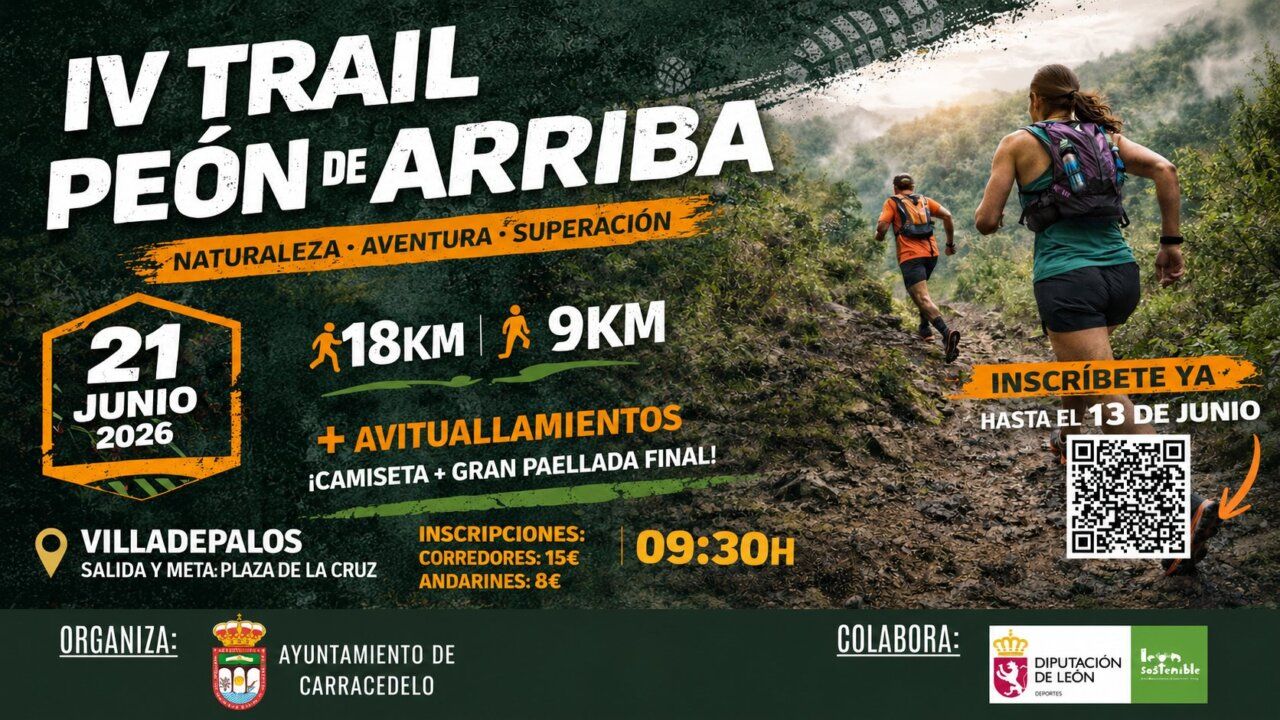 Cartel del IV Trail Peón de Arriba en Carracedelo con detalles de la carrera.