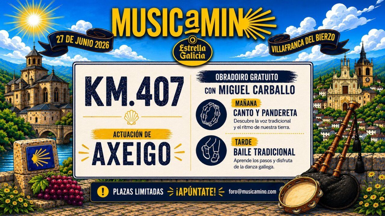 Cartel del festival Musicamino en Villafranca del Bierzo con actividades culturales