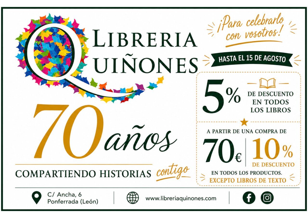 Cartel de celebración del 70 aniversario de Librería Quiñones en Ponferrada
