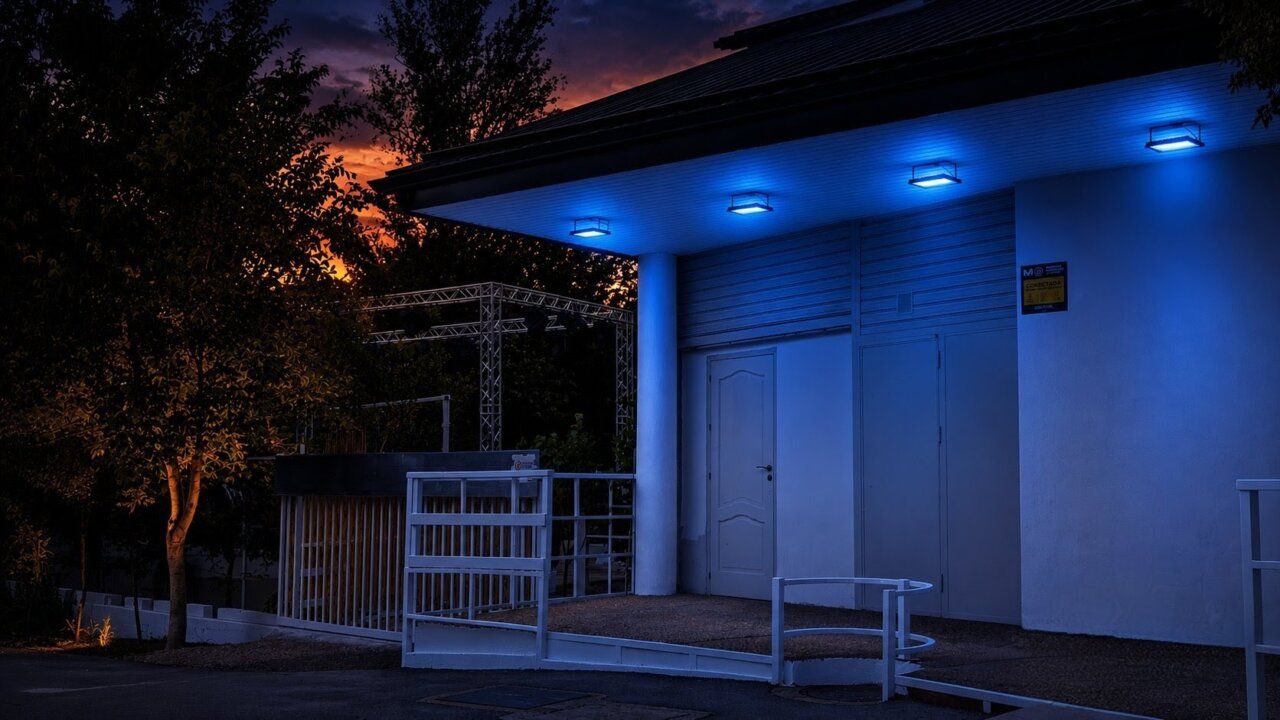 Edificio iluminado con luces azules al atardecer