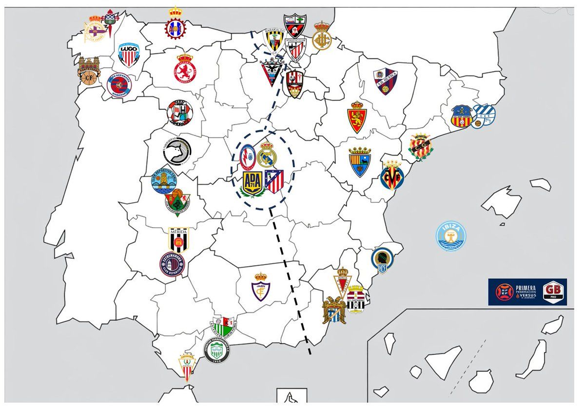 Mapa de grupos de la Primera Federación 2026-27 con logos de equipos
