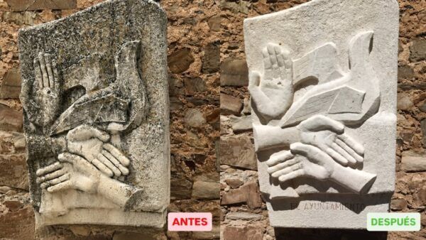 Comparativa del monumento a las Edades del Hombre en Astorga antes y después de la limpieza.