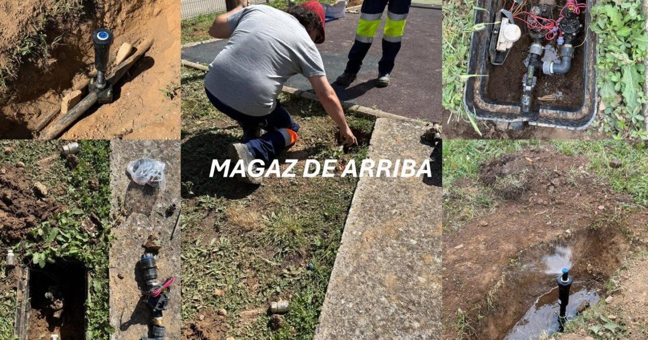 Alumnos trabajando en el mantenimiento de espacios verdes en Arganza