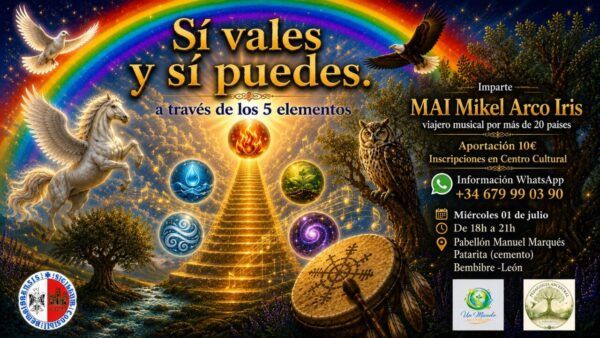 Cartel del evento de Mikel Arco Iris en Bembibre con elementos musicales y ancestrales.