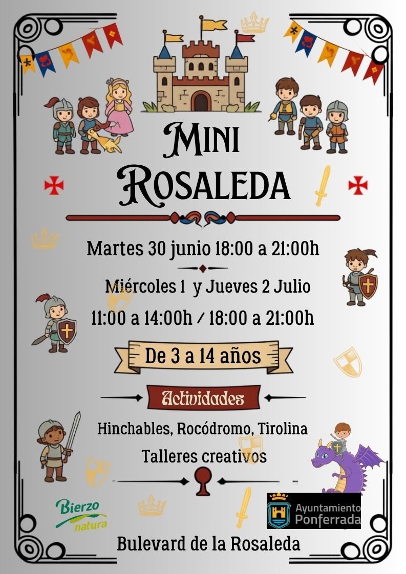 Cartel de la Mini Rosaleda con actividades para niños de 3 a 14 años