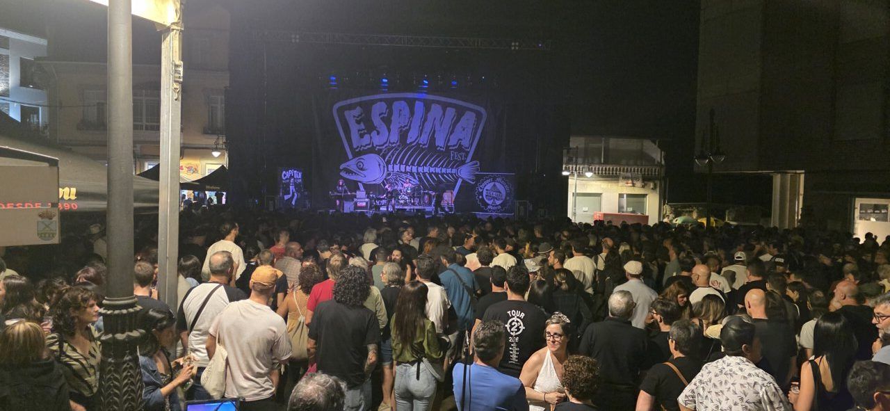 Multitud disfrutando del festival Espina en una noche iluminada