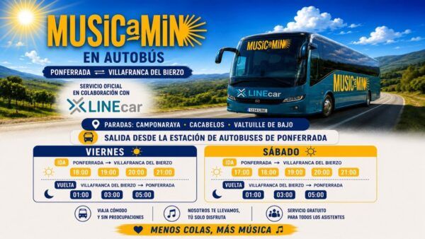 Autobús de Musicamino en ruta entre Ponferrada y Villafranca del Bierzo