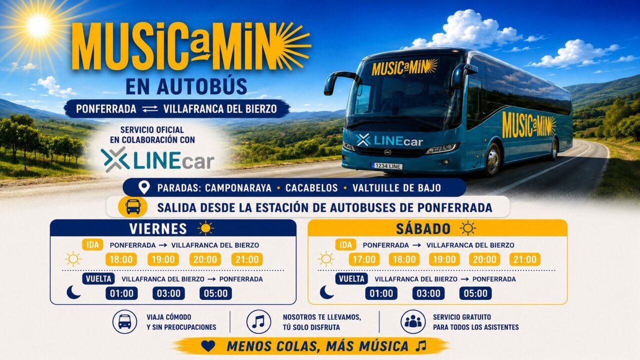 Autobús de Musicamino en ruta entre Ponferrada y Villafranca del Bierzo
