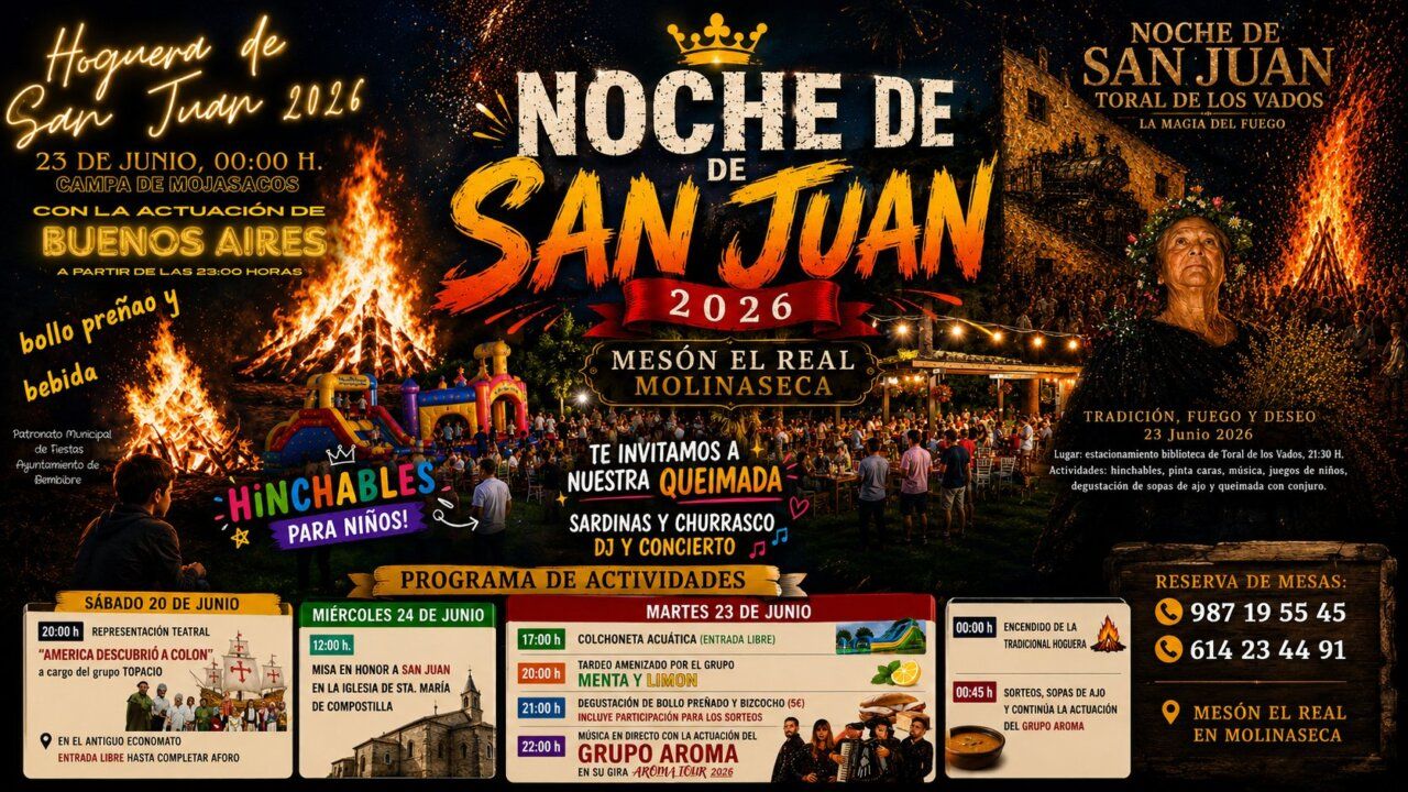 Celebración de la Noche de San Juan en El Bierzo con hogueras y actividades familiares.