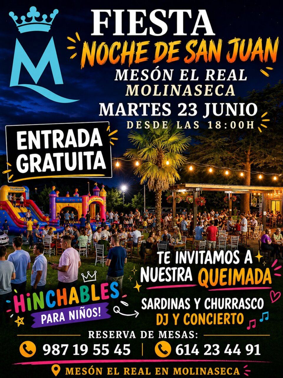 Celebración de la Noche de San Juan en el Mesón El Real con música y comida.