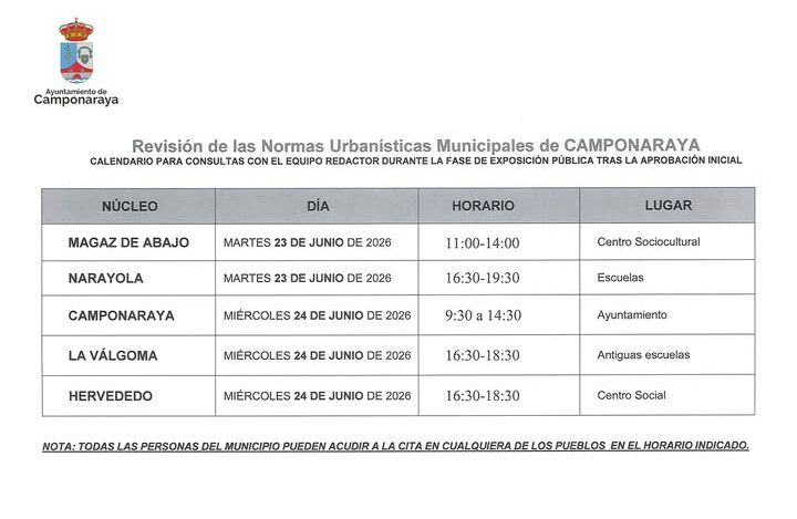 Calendario de consultas sobre normas urbanísticas en Camponaraya