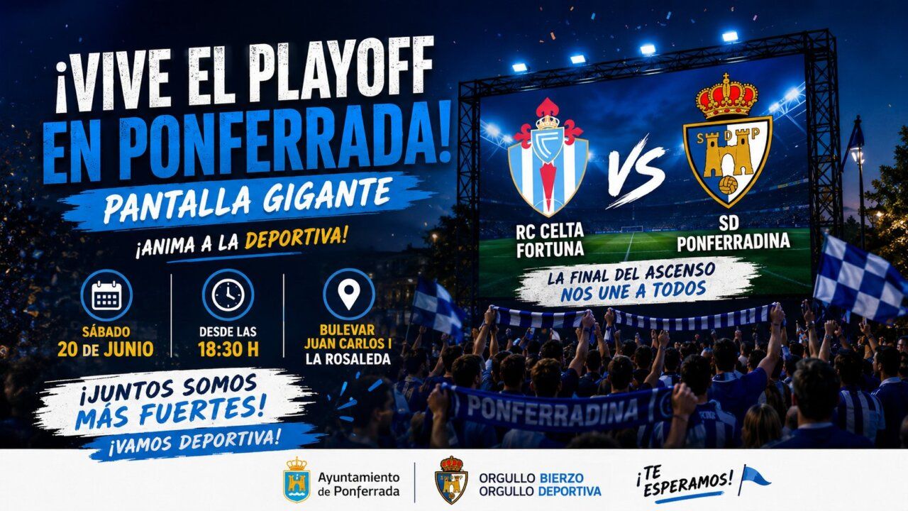 Pantalla gigante en Ponferrada para seguir el partido de ascenso.