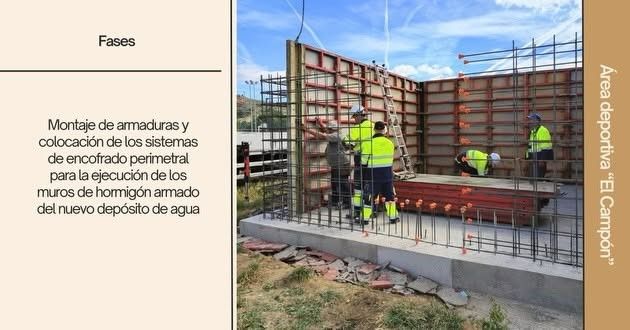 Trabajadores construyendo un nuevo depósito de agua en Toreno