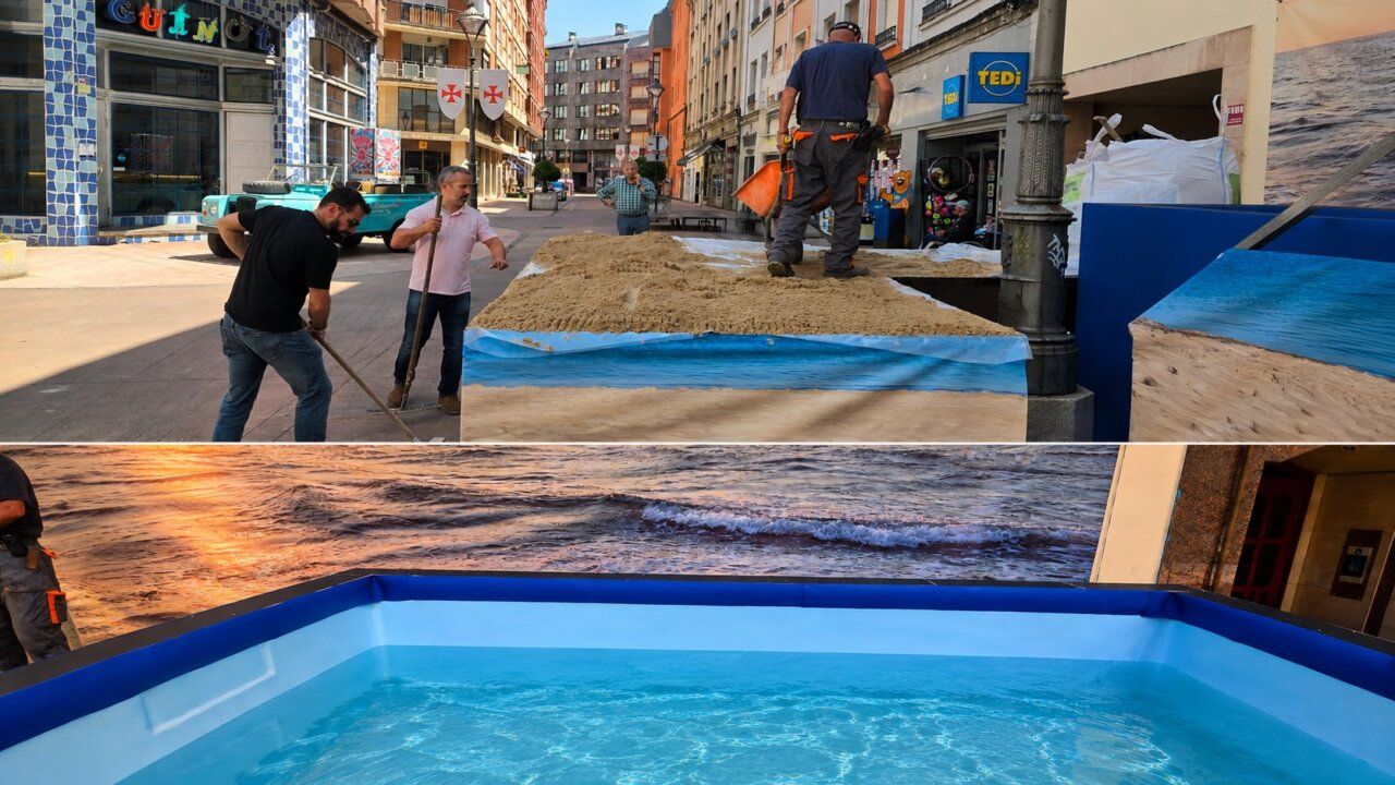 Trabajadores preparando la playa urbana en Ponferrada con arena y piscina