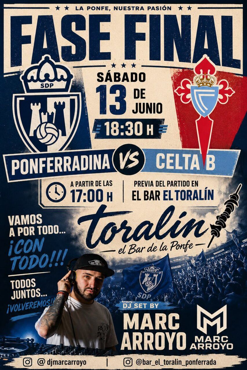 Cartel del evento previa al partido Ponferradina vs Celta Fortuna en El Bar El Toralín.