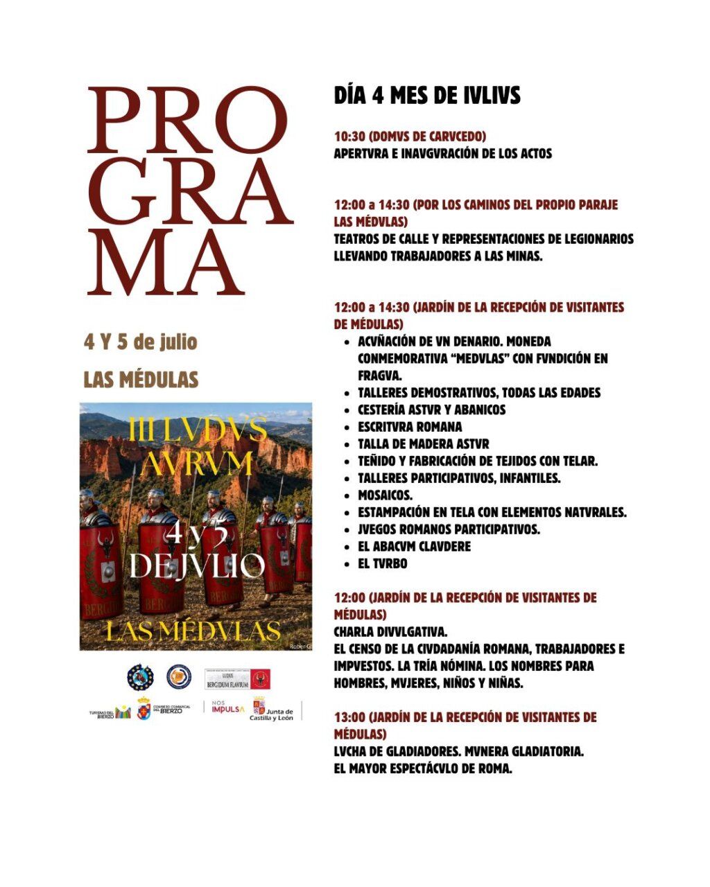 Programa de actividades del evento Ludus Aurum en Las Médulas