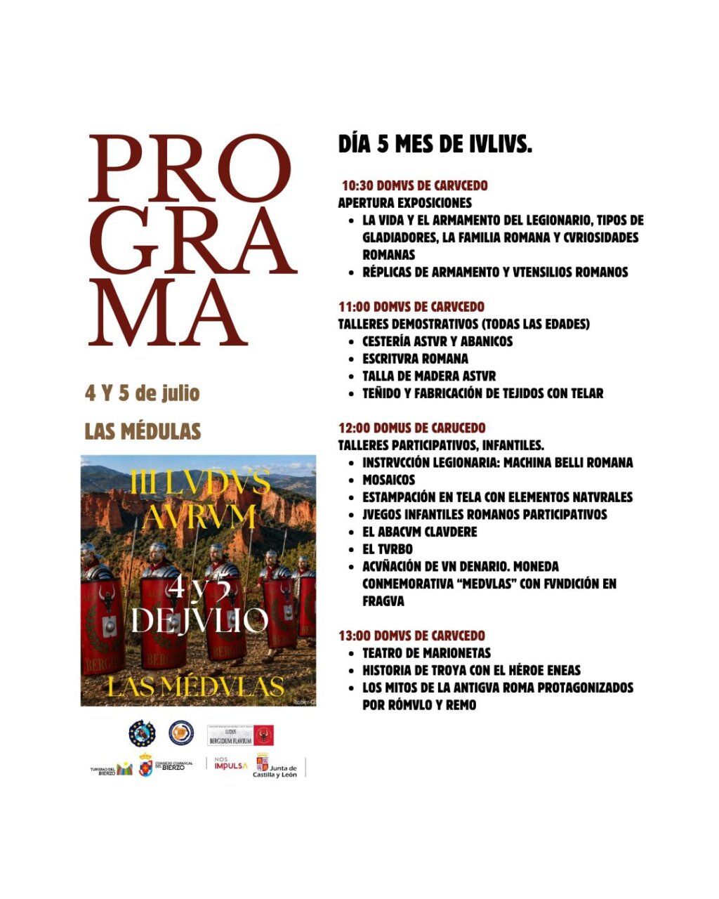 Programa del evento Ludus Aurum en Las Médulas con actividades romanas.