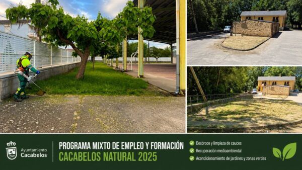 Participante del programa de empleo limpiando un espacio público en Cacabelos.
