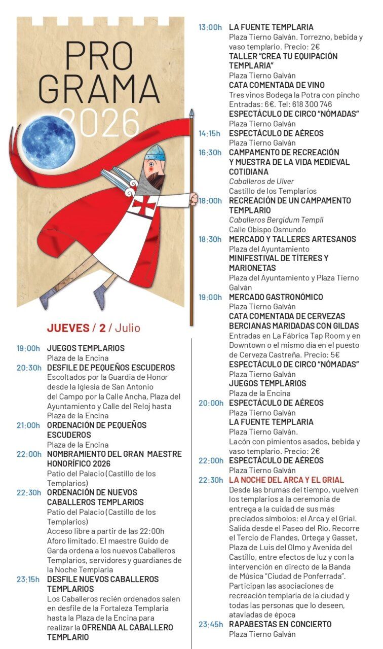 Programa de actividades de la Noche Templaria 2026 en Ponferrada