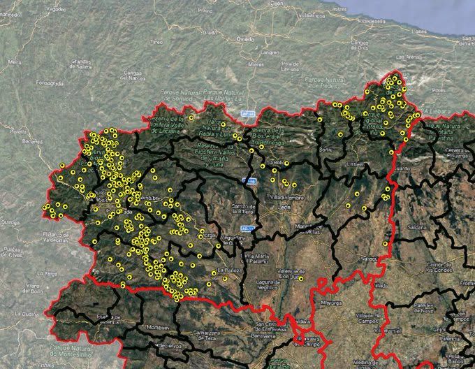Mapa que muestra la ubicación de incendios forestales en León