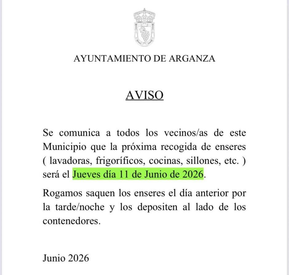 Aviso sobre la recogida de enseres en Arganza el 11 de junio de 2026