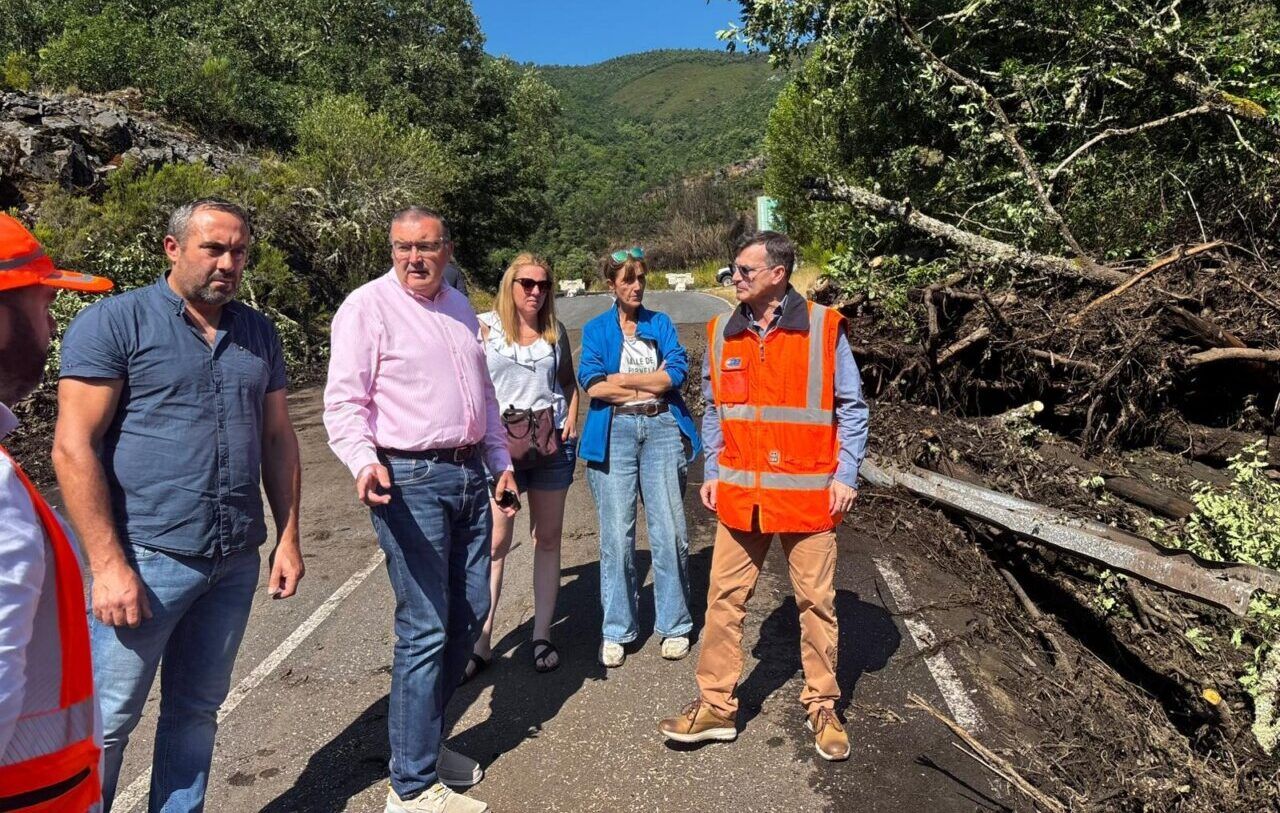 Funcionarios observando daños en carretera del Valle de Fornela