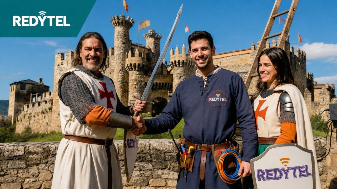 Tres personas en vestimenta medieval en un castillo con logotipo de Redytel.