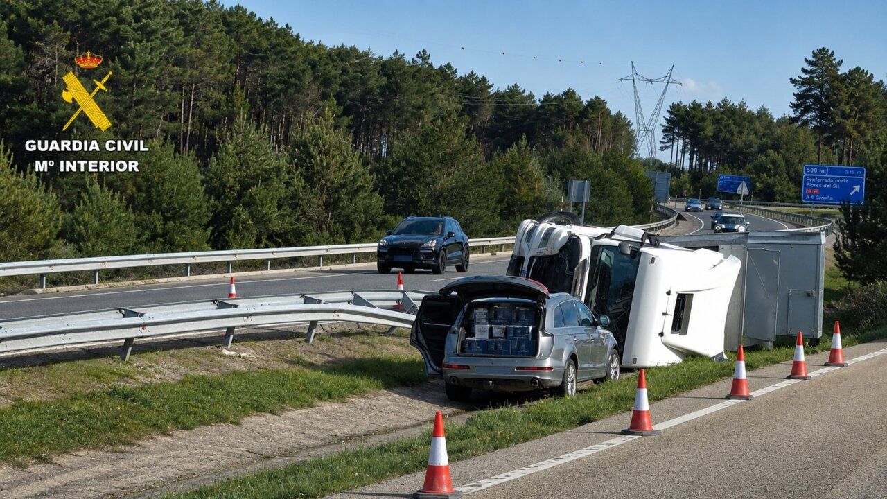 Camión volcado en la autovía A-6 con coches de la Guardia Civil.