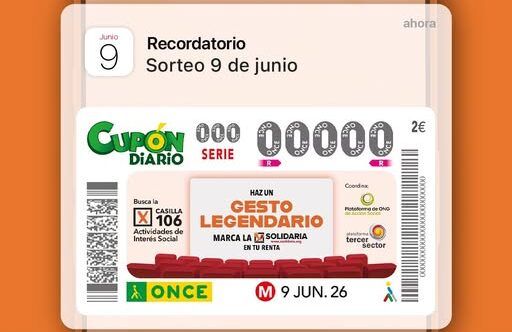 Cupón diario de la ONCE para el sorteo del 9 de junio