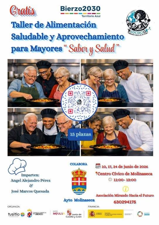 Grupo de personas mayores participando en un taller de cocina saludable