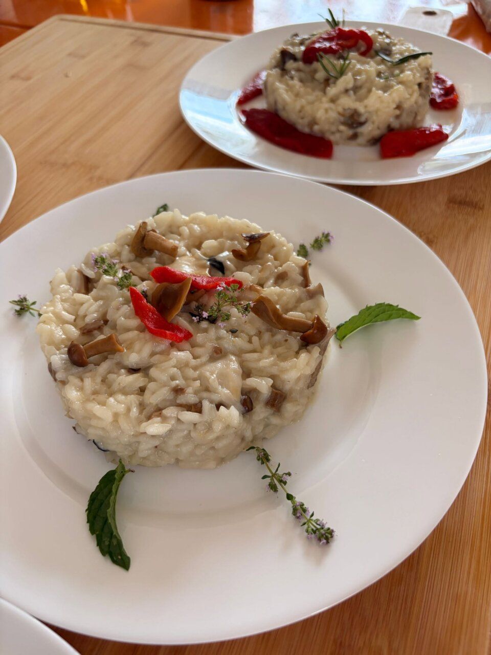 Plato de risotto con setas y decoración de hierbas frescas