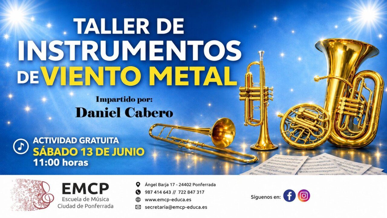 Cartel del taller gratuito de instrumentos de viento metal en Ponferrada