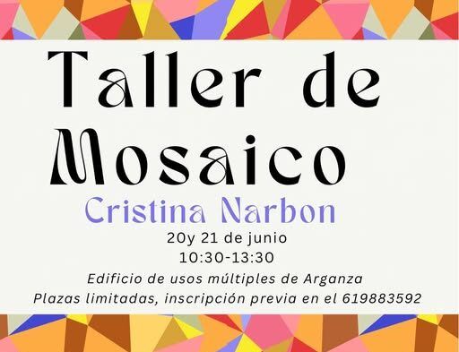 Cartel del taller de mosaico en Arganza con colores vibrantes