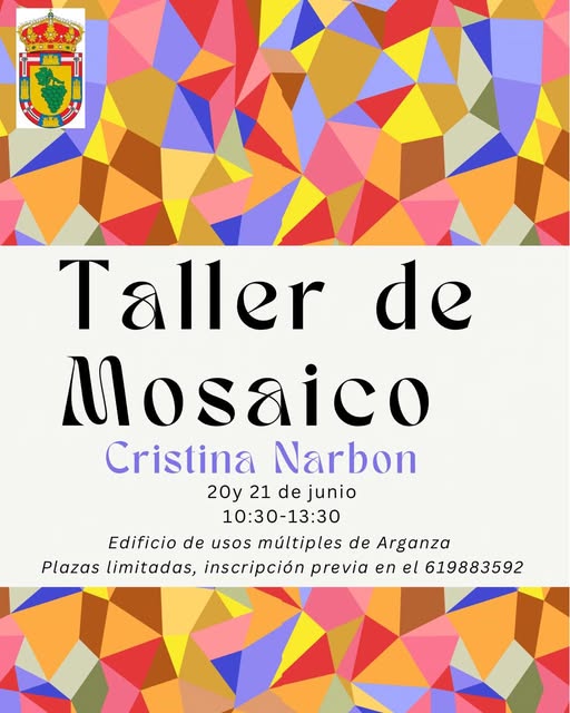 Cartel del taller de mosaico en Arganza con colores vibrantes