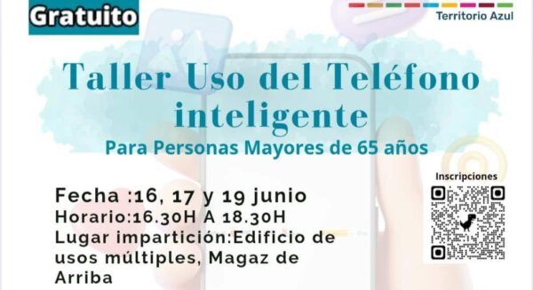 Cartel del taller gratuito sobre uso de teléfonos inteligentes para mayores de 65 años.
