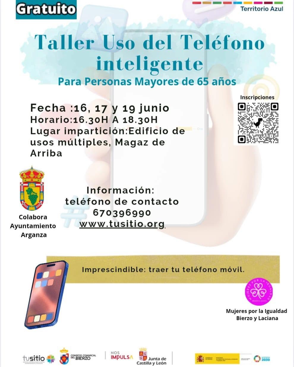 Cartel del taller gratuito sobre uso de teléfonos inteligentes para mayores de 65 años.