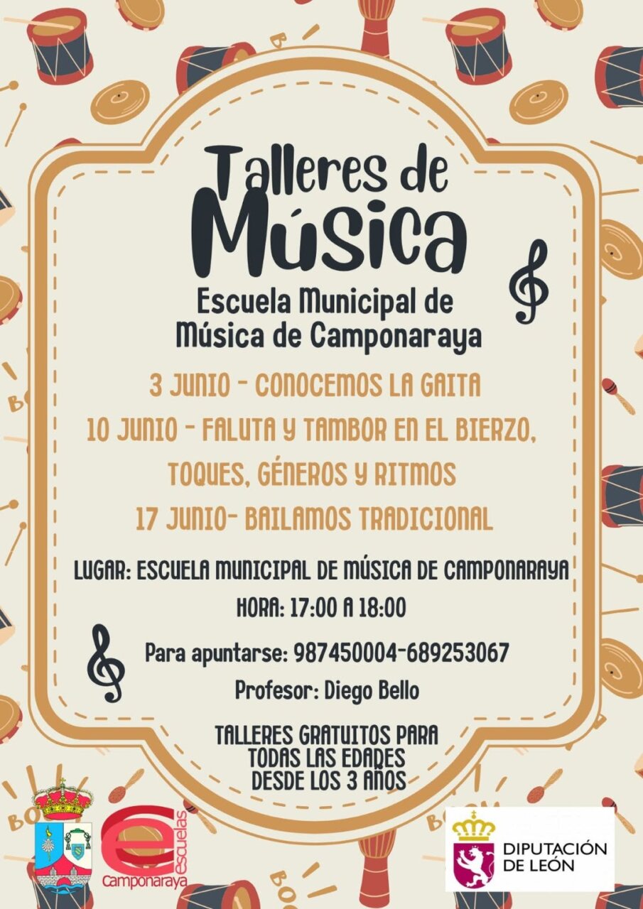 Cartel de talleres de música en la Escuela Municipal de Camponaraya