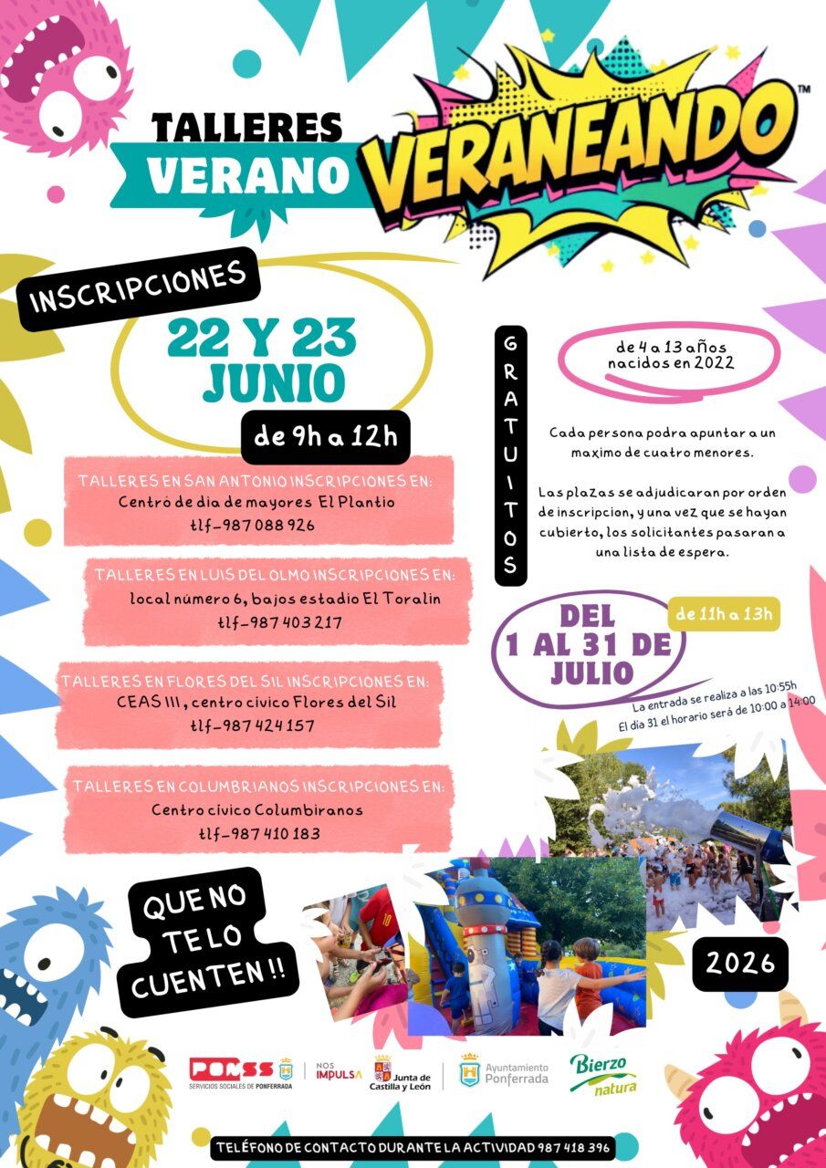 Cartel de talleres de verano en Ponferrada para la infancia