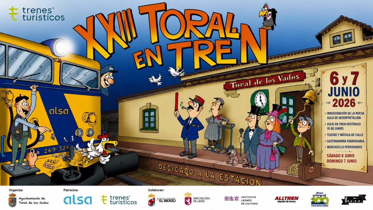 Cartel del evento Toral en Tren 2026 con ilustraciones y detalles del programa.