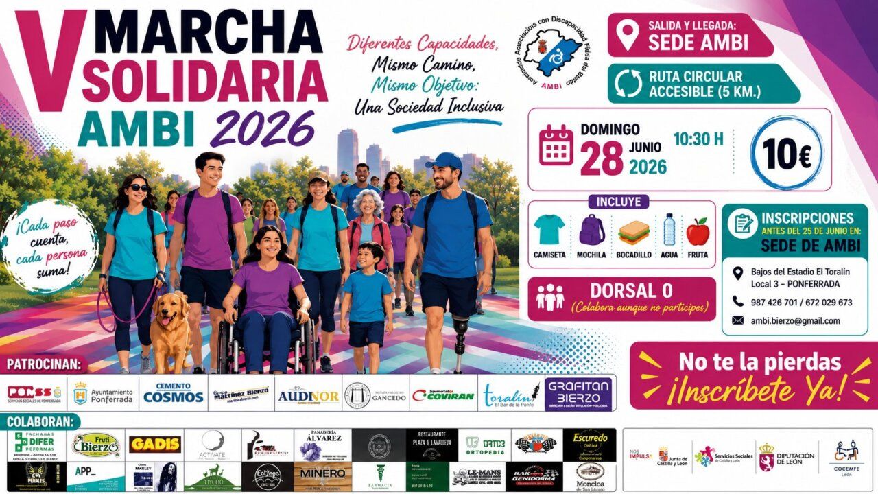 Cartel de la V Marcha Solidaria AMBI 2026 con participantes diversos