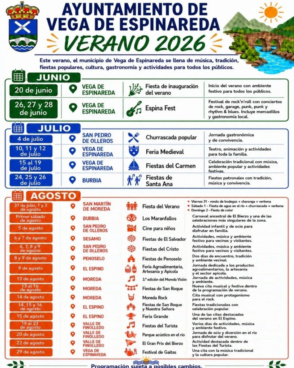 Cartel informativo sobre actividades de verano en Vega de Espinareda