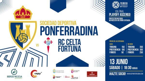 Cartel de venta de entradas para el playoff entre Ponferradina y Celta Fortuna