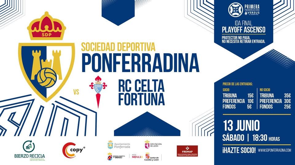 Cartel de venta de entradas para el playoff entre Ponferradina y Celta Fortuna