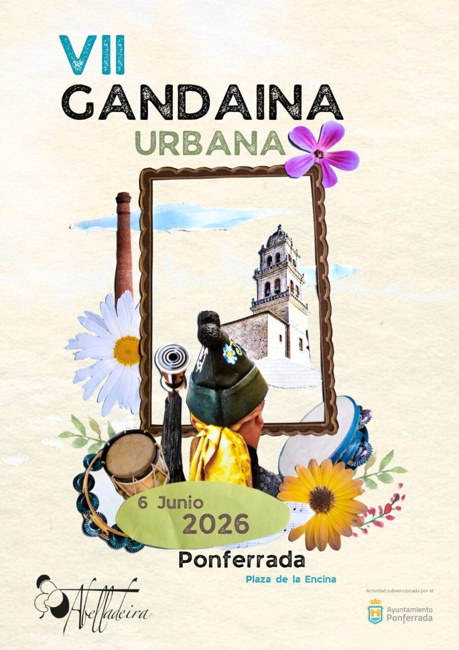 Cartel de la VII Gandaina Urbana en Ponferrada con elementos culturales
