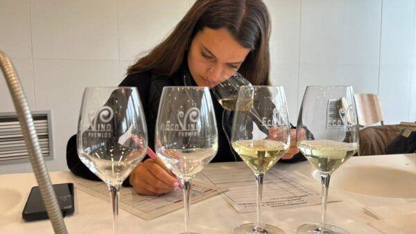 Mujer evaluando vinos en una cata con copas y hojas de puntuación